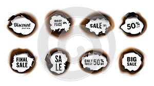 Burned hole. Realistic sale and discount banners with charred edges vector illustration