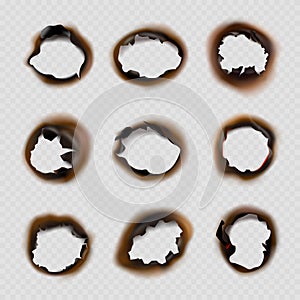 Burned holes paper. Grunge designs of fire damaged circles shapes vector pictures