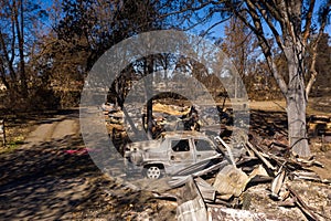 Burned homes and cars caused by Southern Oregon Almeda Fire, closeup photo