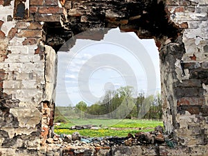 Burned house after fire, ruined building room inside, disaster or war concept