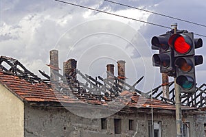 Burned house roof