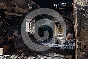 Burned interior of the old historical mansion in Astrakhan