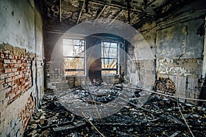 Burned interiors of industrial hall after fire in the factory