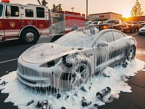 burned melted ev electric car, battery failure in parking lot, firefighter use foam to extinguish