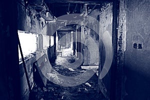 A burned scene inside a building.