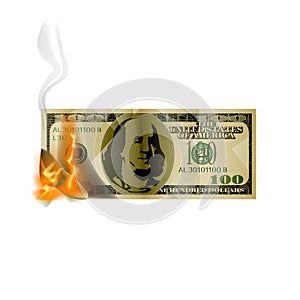 Burning 100 dollar on a white background.