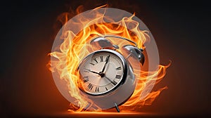 Burning alarm clock on dark background