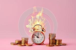 Burning alarm clock with golden coins. Lost investments, burnt savings, inflation concept. Temporary financial difficulties, time