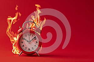 Burning alarm clock. Time out or deadline pressure concept. Clock on fire, symbol of hot sale, discounts, shopping time, countdown