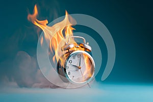 Burning alarm clock. Time out or deadline pressure concept. Clock on fire, symbol of hot sale, discounts, shopping time, countdown