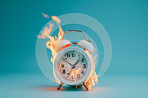 Burning alarm clock. Time out or deadline pressure concept. Clock on fire, symbol of hot sale, discounts, shopping time, countdown