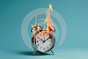 Burning alarm clock. Time out or deadline pressure concept. Clock on fire, symbol of hot sale, discounts, shopping time, countdown