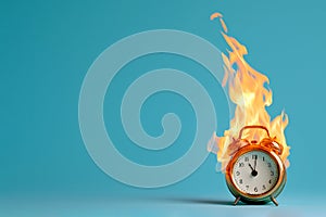 Burning alarm clock. Time out or deadline pressure concept. Clock on fire, symbol of hot sale, discounts, shopping time, countdown