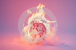 Burning alarm clock. Time out or deadline pressure concept. Clock on fire, symbol of hot sale, discounts, shopping time, countdown