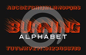 Burning alphabet font. Fire effect type letters and numbers on dark background.