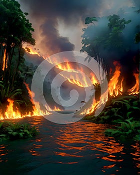 Burning amazon tropical rainforest on fire