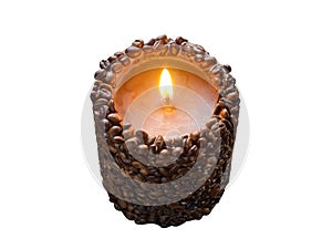 Burning aromatic coffee candle and coffee beans, isolated.