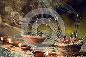 Burning aromatic incense sticks. Incense for praying Buddha or Hindu gods to show respect