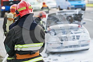 Burning automobile after extinguishing a fire at city street