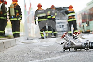 Burning automobile after extinguishing a fire at city street