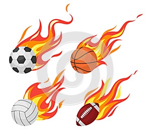 Burning balls. Football and volleyball, basketball and rugby flying sport fireball, game objects in flame, design
