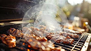 A burning barbecue grill with kin and kith, with smoke puffs rising in a sunny summer sky