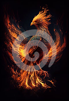 Burning bird phoenix on black background. AI generated