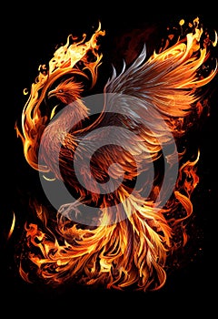 Burning bird phoenix on black background. AI generated