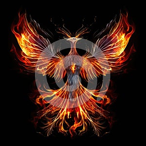 Burning bird phoenix isolated on black background. Bird phoenix. Generative Ai