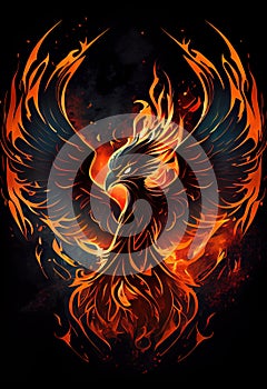 Burning bird phoenix rising form flames and fire, logo