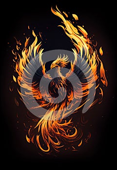 Burning bird phoenix rising form flames and fire, logo