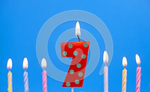 Burning birthday cake candle number 7. Happy Birthday background anniversary celebration concept