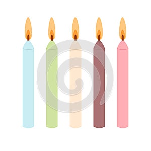 Burning birthday cake candles isolated on white background. Simple design flaming candle. Vector hand drawn illustration