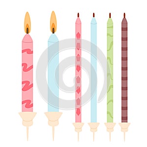 Burning birthday cake candles isolated on white background. Vector hand drawn flat illustration