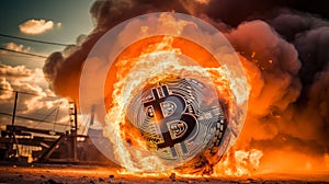 Burning bitcoin coin, visual representation of unsuccessful cryptocurrency investment ventures