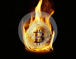 Burning Bitcoin crypto coin in flames