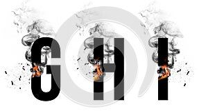 Burning black letters  G, H, I. Smoke Font. Alphabet breaks down with small fire and smoke.