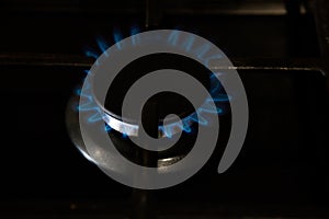 Burning blue gas on the dark stove. Burner gas stove, concept of energy. Closeup, selective focus