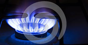 Burning blue gas on the stove.  Blue flames of gas burning from a kitchen gas stove .