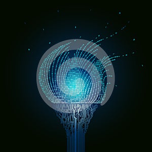 A burning blue torch, consists of printed circuit boards, the flame from the binary code. Artifact from the abstract of cyberspac