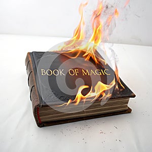 Burning Book of Magic isolated on white background photo