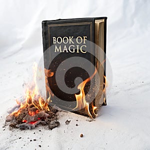 Burning Book of Magic isolated on white background photo