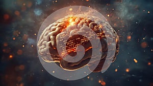 Burning Brain. Artificial Intelligence. Neural Network. Digital Brain. Consciousness. 3D Rendering.