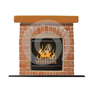 Burning Brick Fireplace with Fire Inside. Traditional Classic Chimney with Metal Stove and Grate. Home Heating System