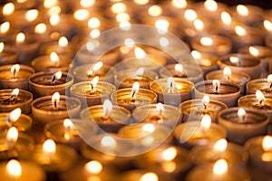 Burning bright. Golden warm glow from candle flames. Many beautiful lit tealight candles glowing.