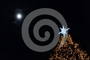 burning bright star on top of a large christmas tree against the sky with the moon