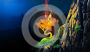 Burning bush plant in a cliff of a mountain