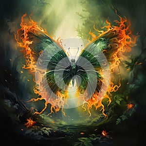 Burning butterfly in the dark forest. Fire and smoke. Vector illustration