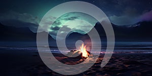 Burning campfire on the beach. Fjord landscape with distant snow capped mountains. Night sky with stars and northern lights