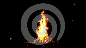 Burning Campfire At Dark Night - Enjoy Campfire at camp site on dark forest background. Burning wood Camping Fire Travel Adventure